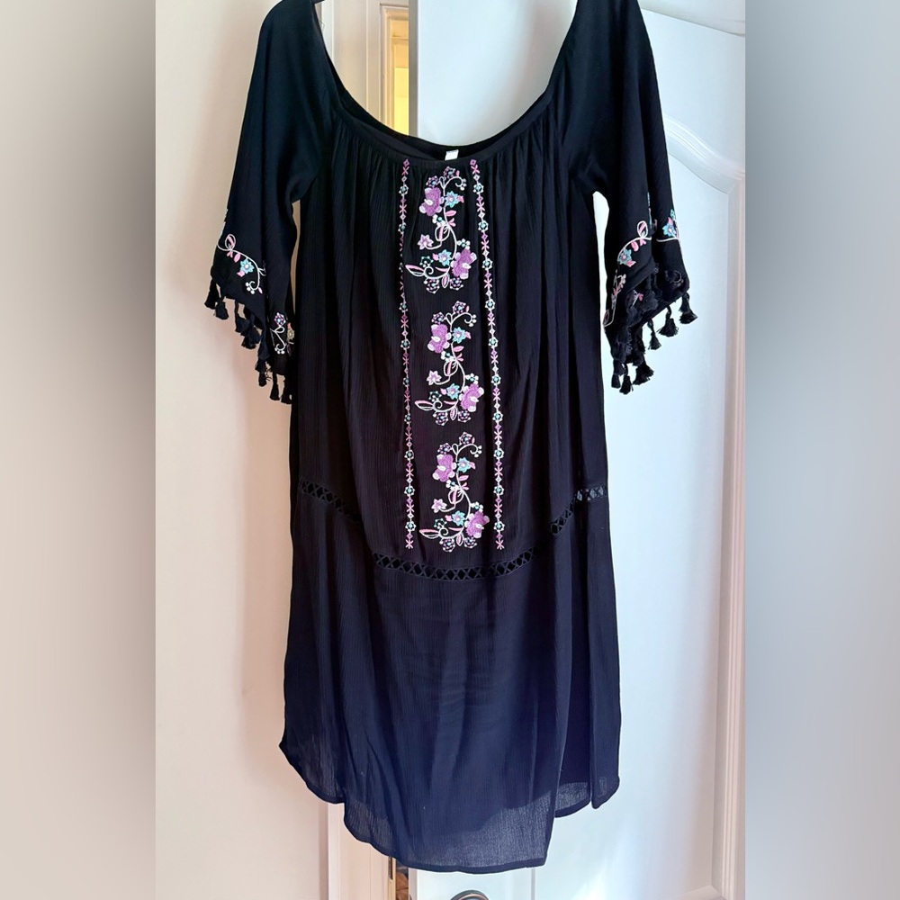 Love, Fire Black Dress with Pink and Purple Embroidery